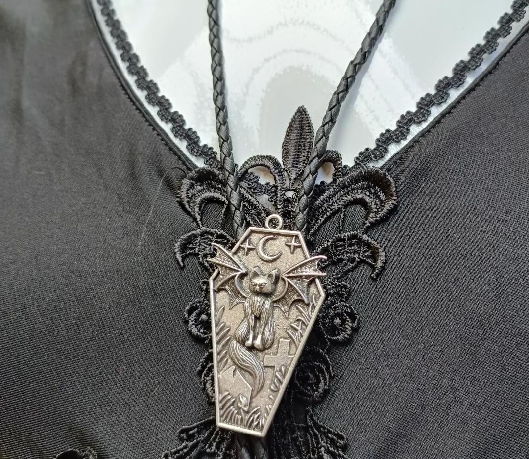 Goth Bat Wing Cat Bolo Tie