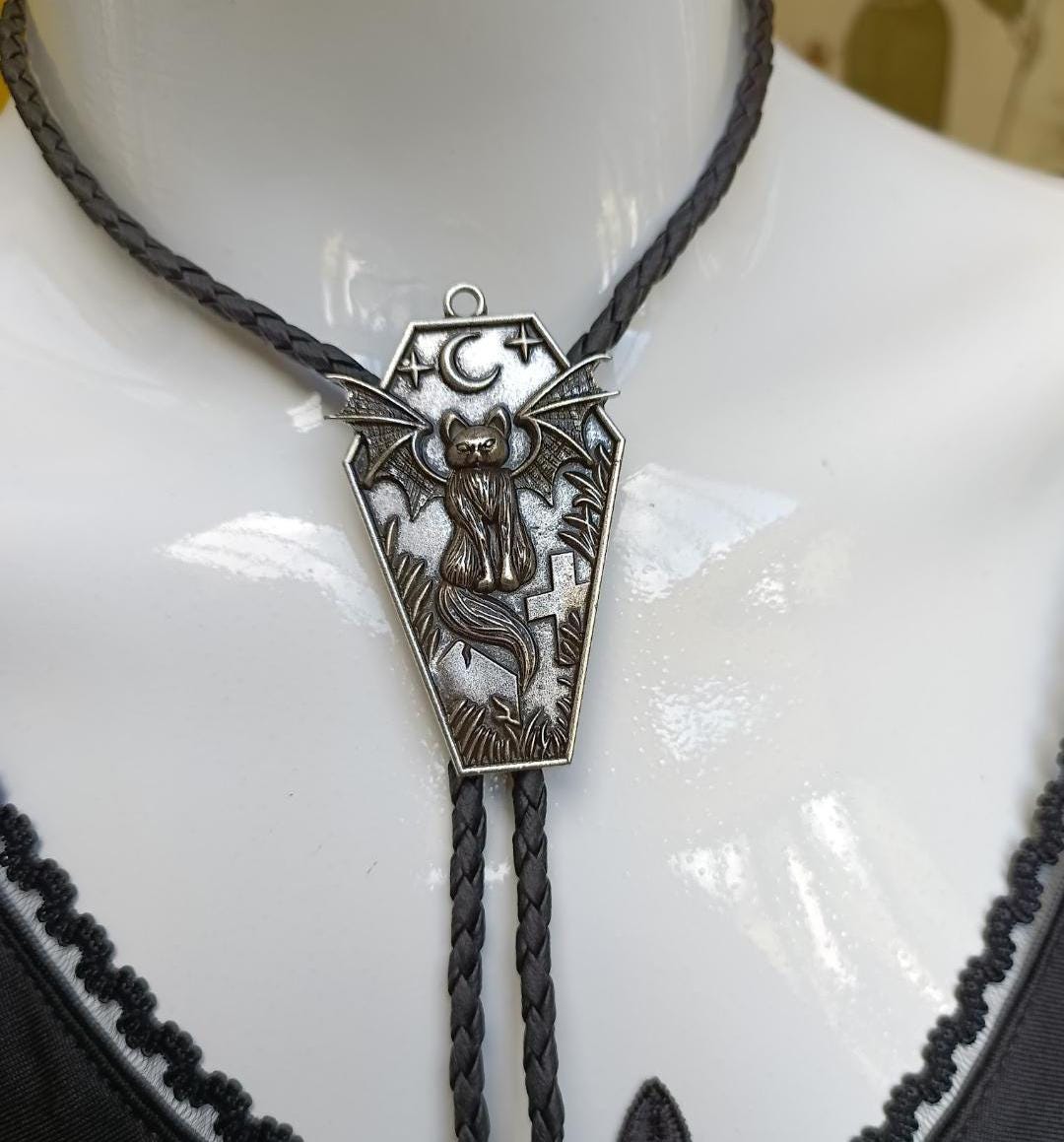 Goth Bat Wing Cat Bolo Tie