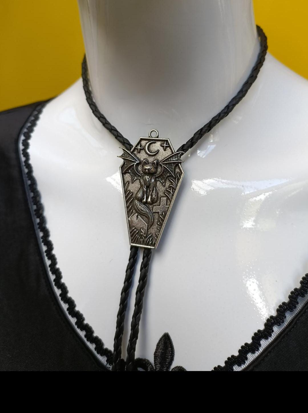 Goth Bat Wing Cat Bolo Tie