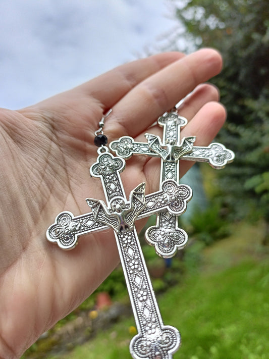 Gothic Cross Earrings with Bat