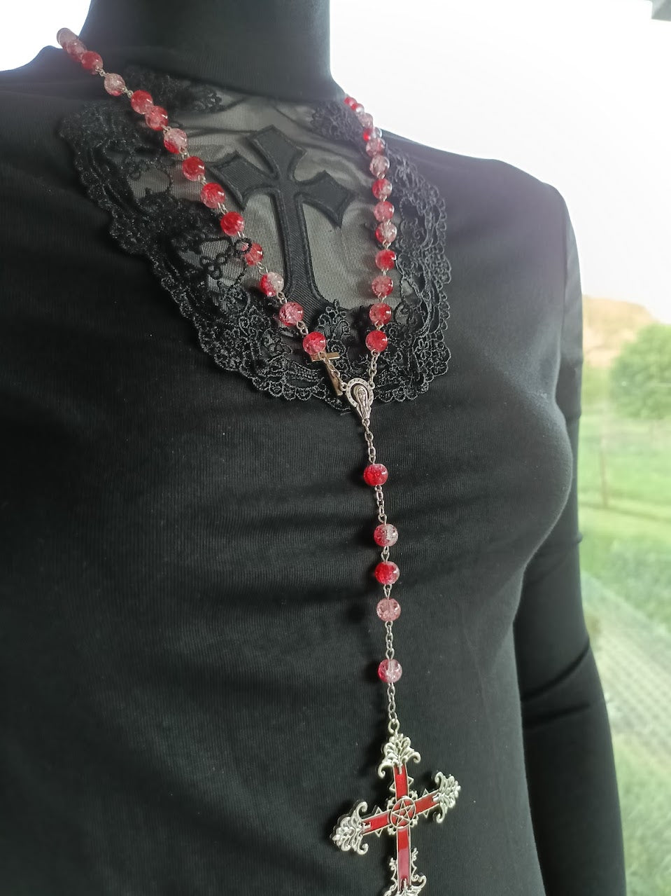 Red Marble Bead Crucifix Rosary