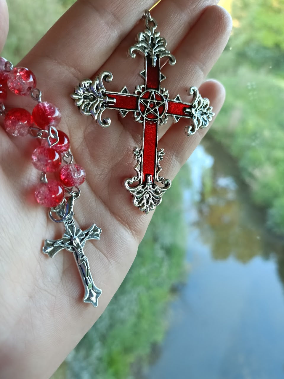 Red Marble Bead Crucifix Rosary