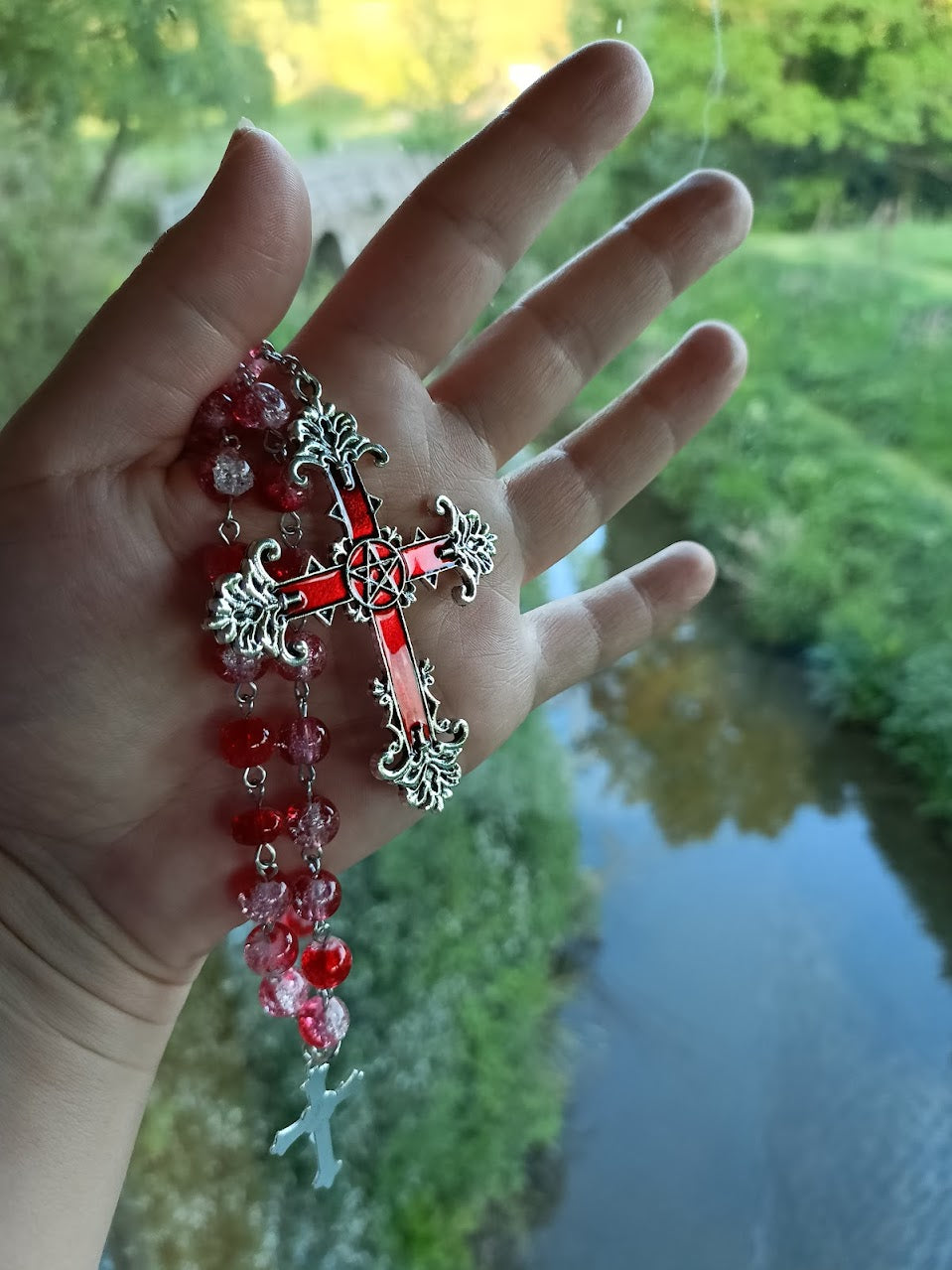 Red Marble Bead Crucifix Rosary