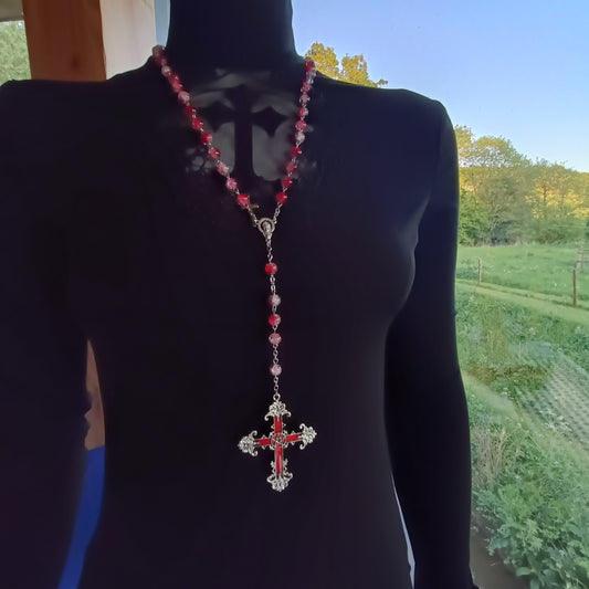 Red Marble Bead Crucifix Rosary