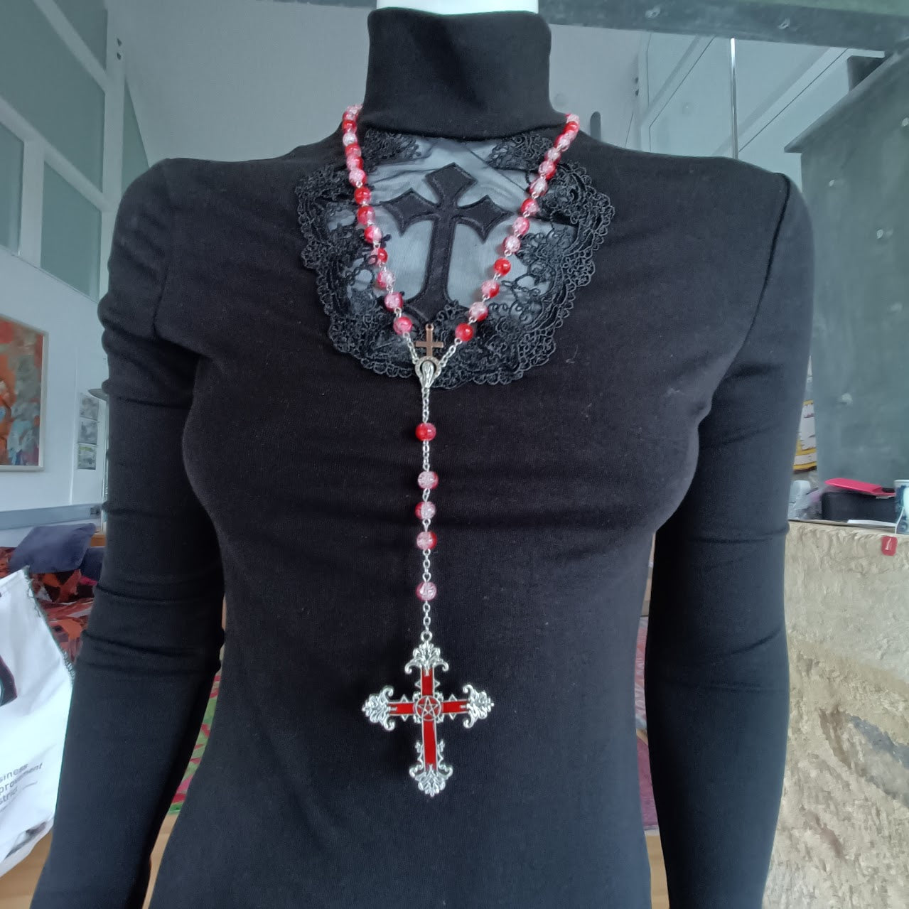 Red Marble Bead Crucifix Rosary