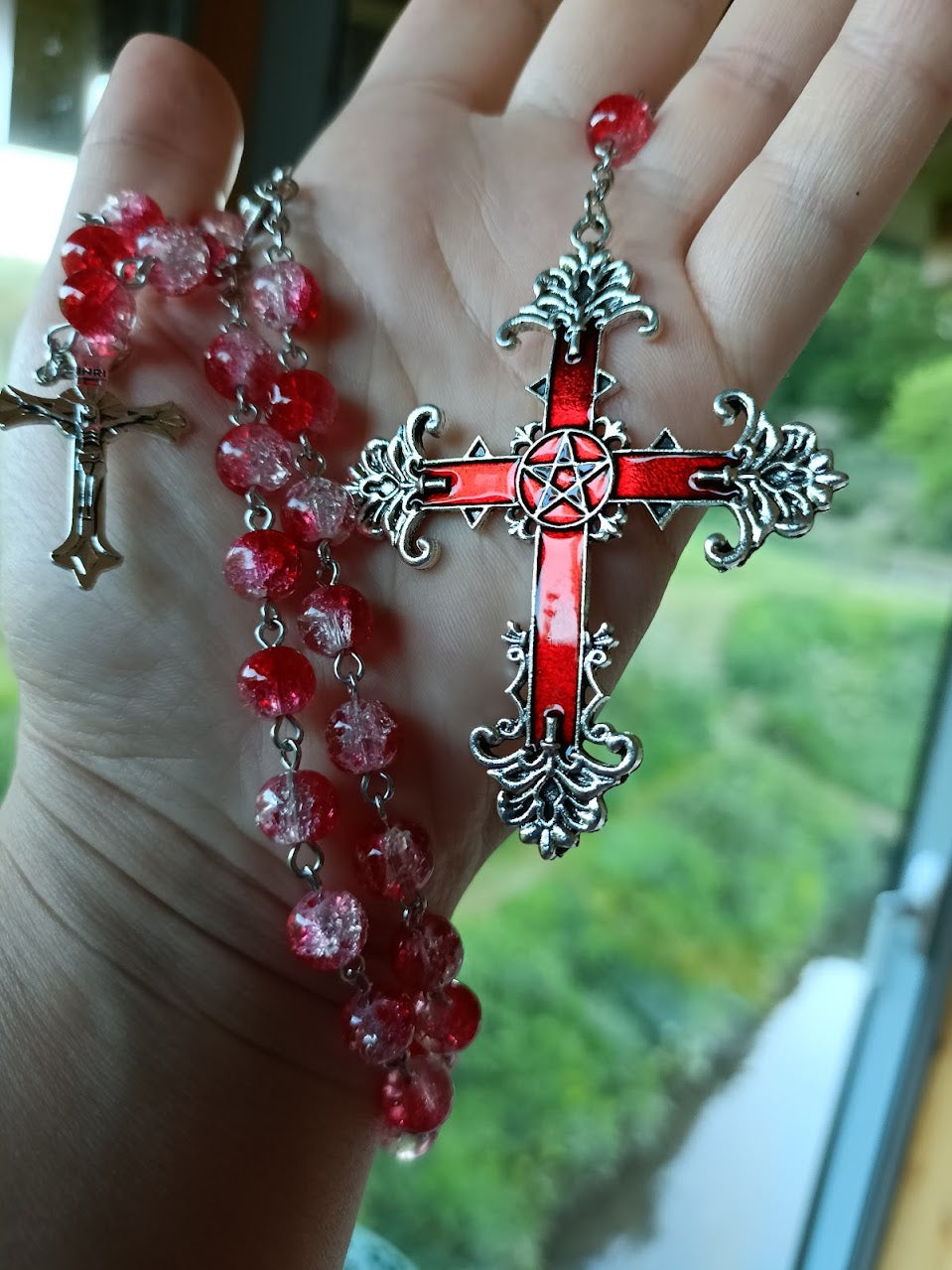 Red Marble Bead Crucifix Rosary