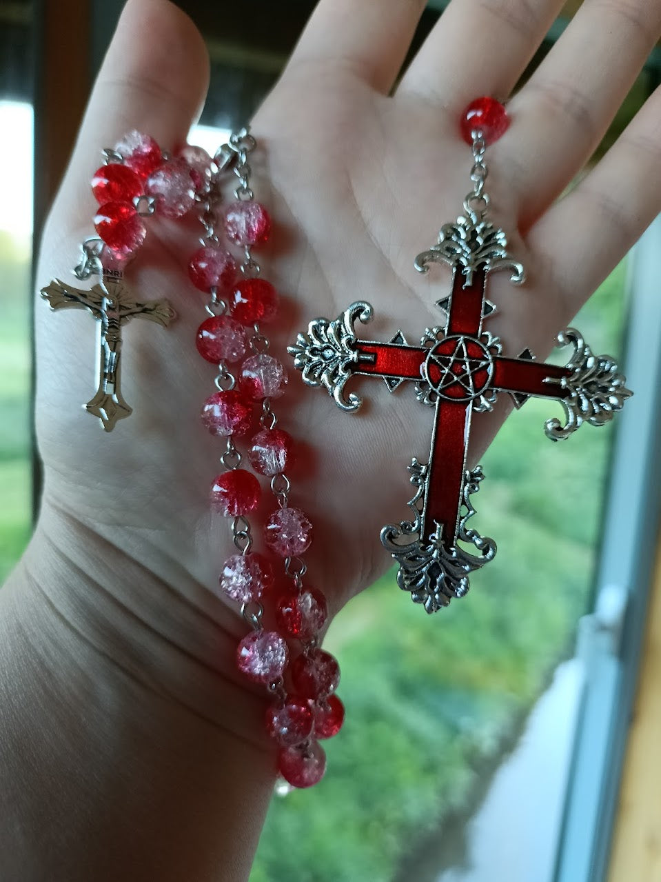 Red Marble Bead Crucifix Rosary