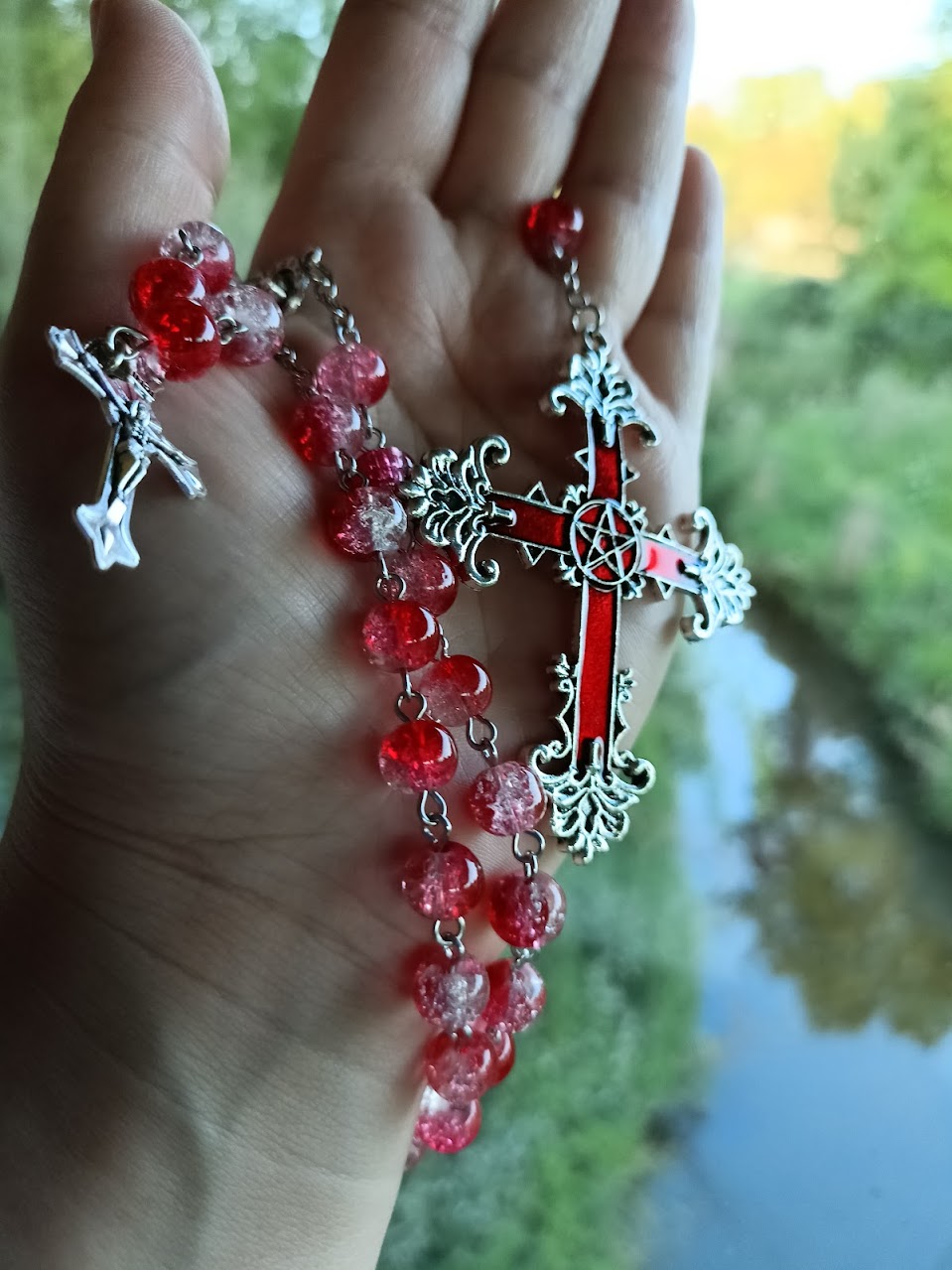 Red Marble Bead Crucifix Rosary