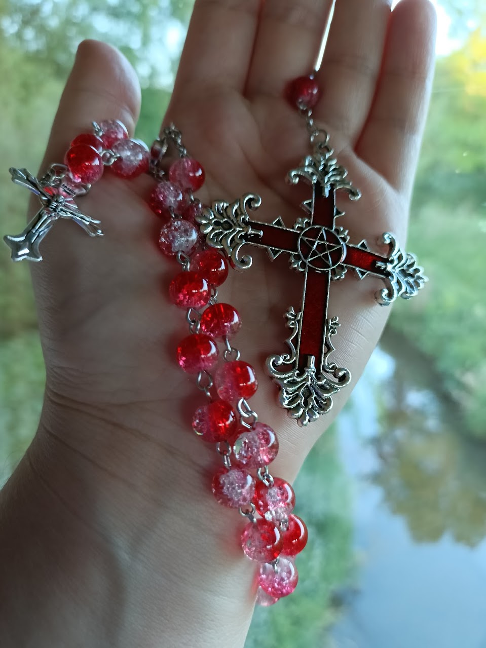 Red Marble Bead Crucifix Rosary