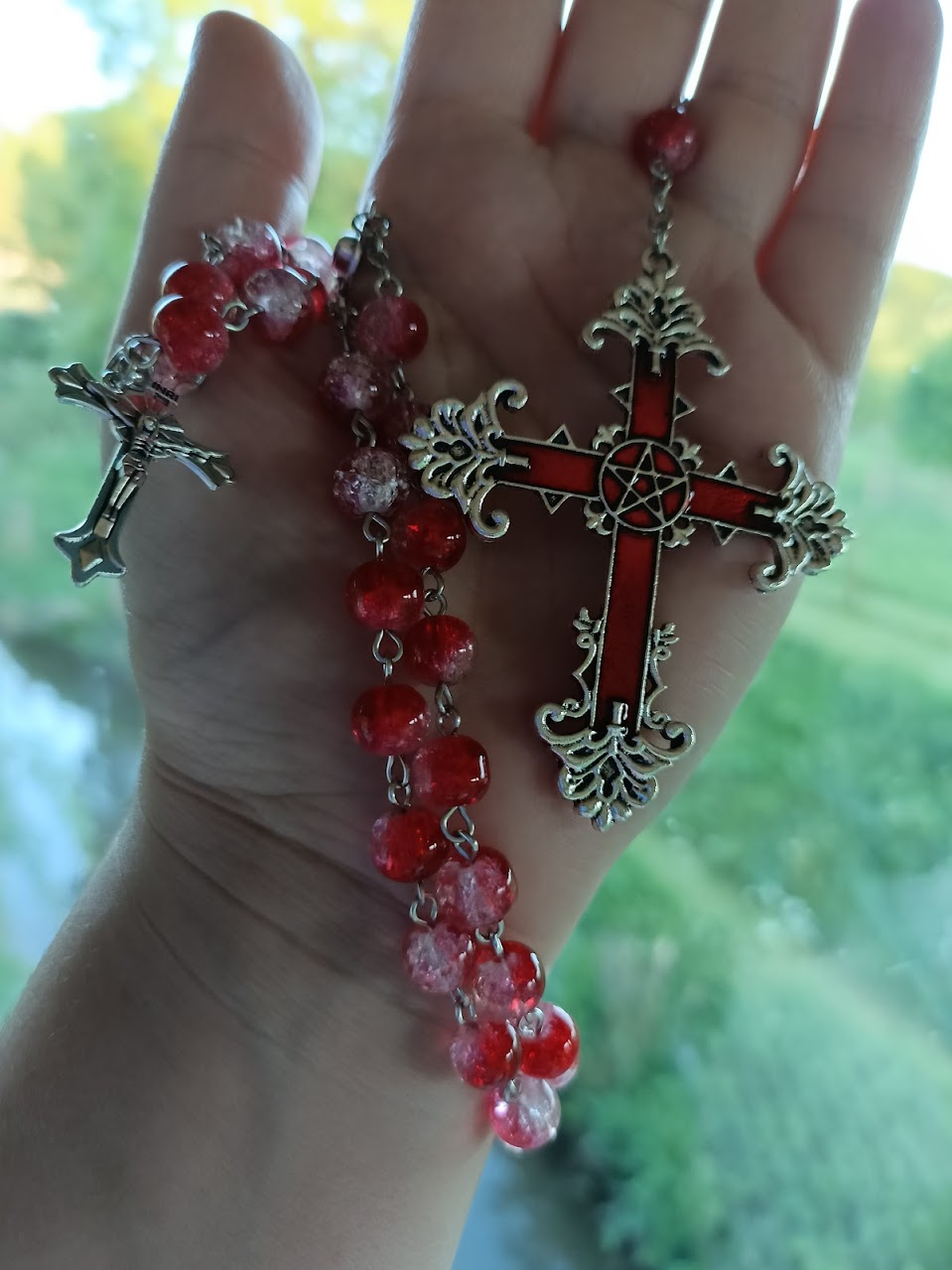 Red Marble Bead Crucifix Rosary