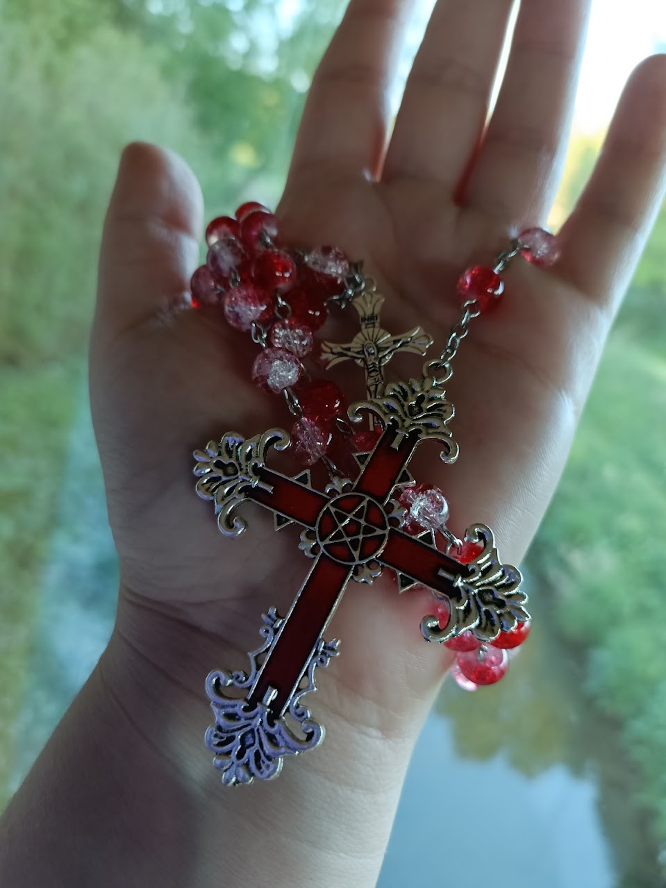 Red Marble Bead Crucifix Rosary