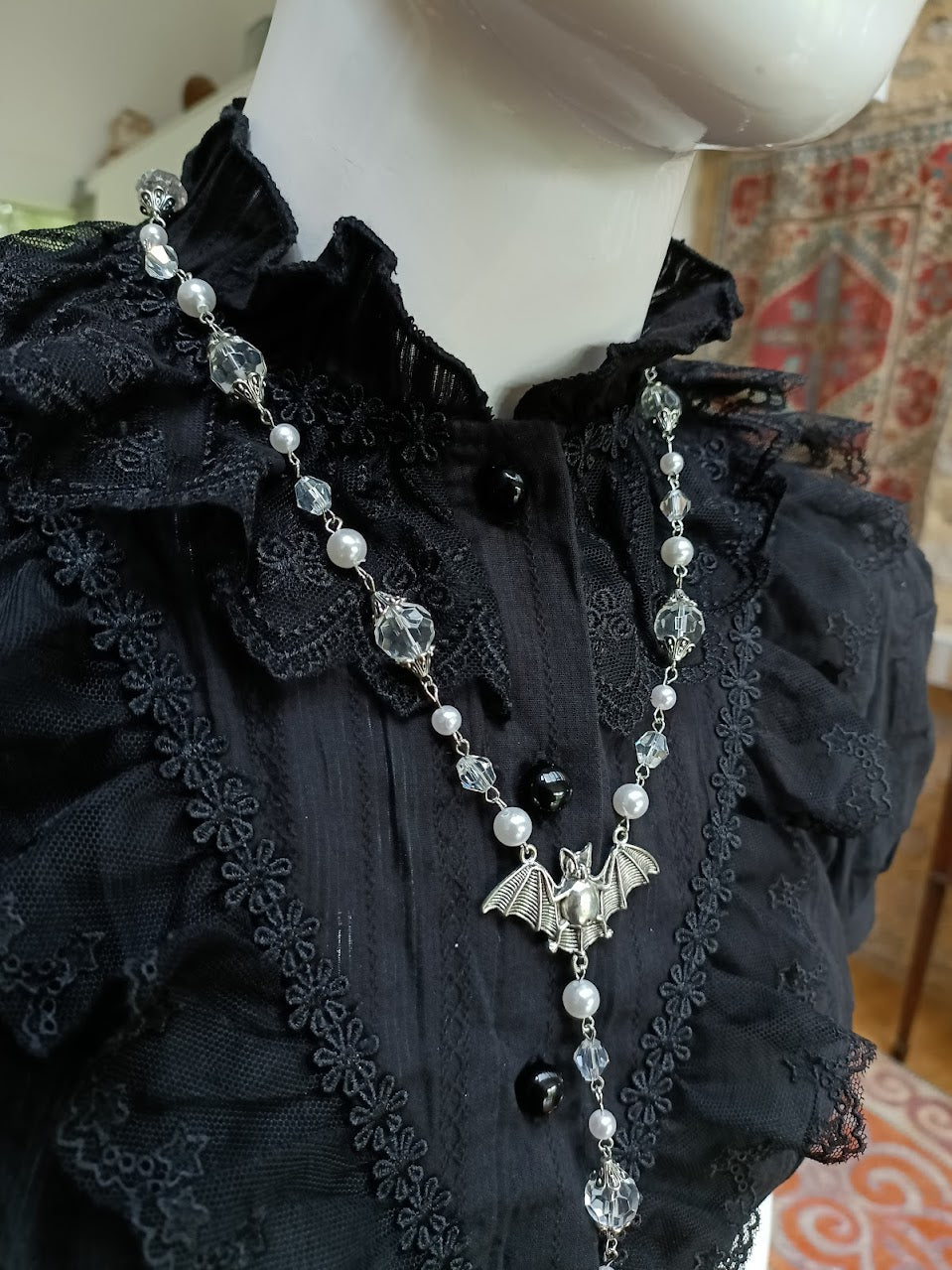 White Goth Necklace, Vampire Necklace, Bat Pendant, Cosmic Retro Gothic