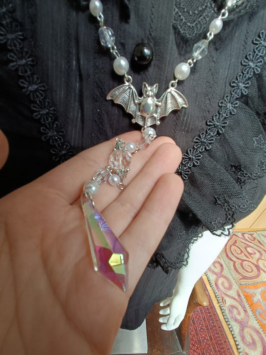 White Goth Necklace, Vampire Necklace, Bat Pendant, Cosmic Retro Gothic