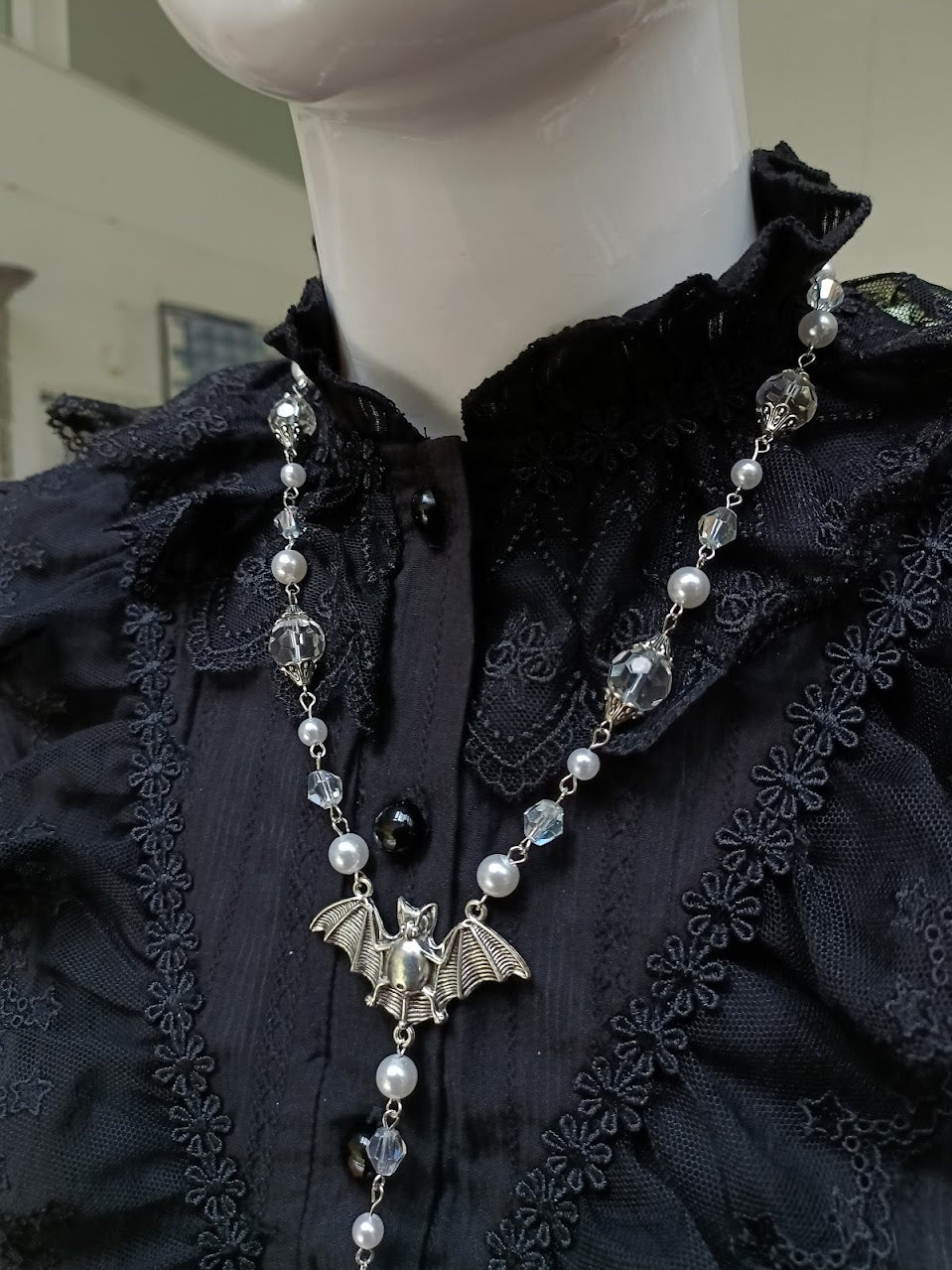 White Goth Necklace, Vampire Necklace, Bat Pendant, Cosmic Retro Gothic