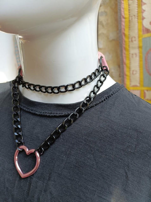 Pink Heart Martingale Collar/ Mall Goth Kawaii Choker