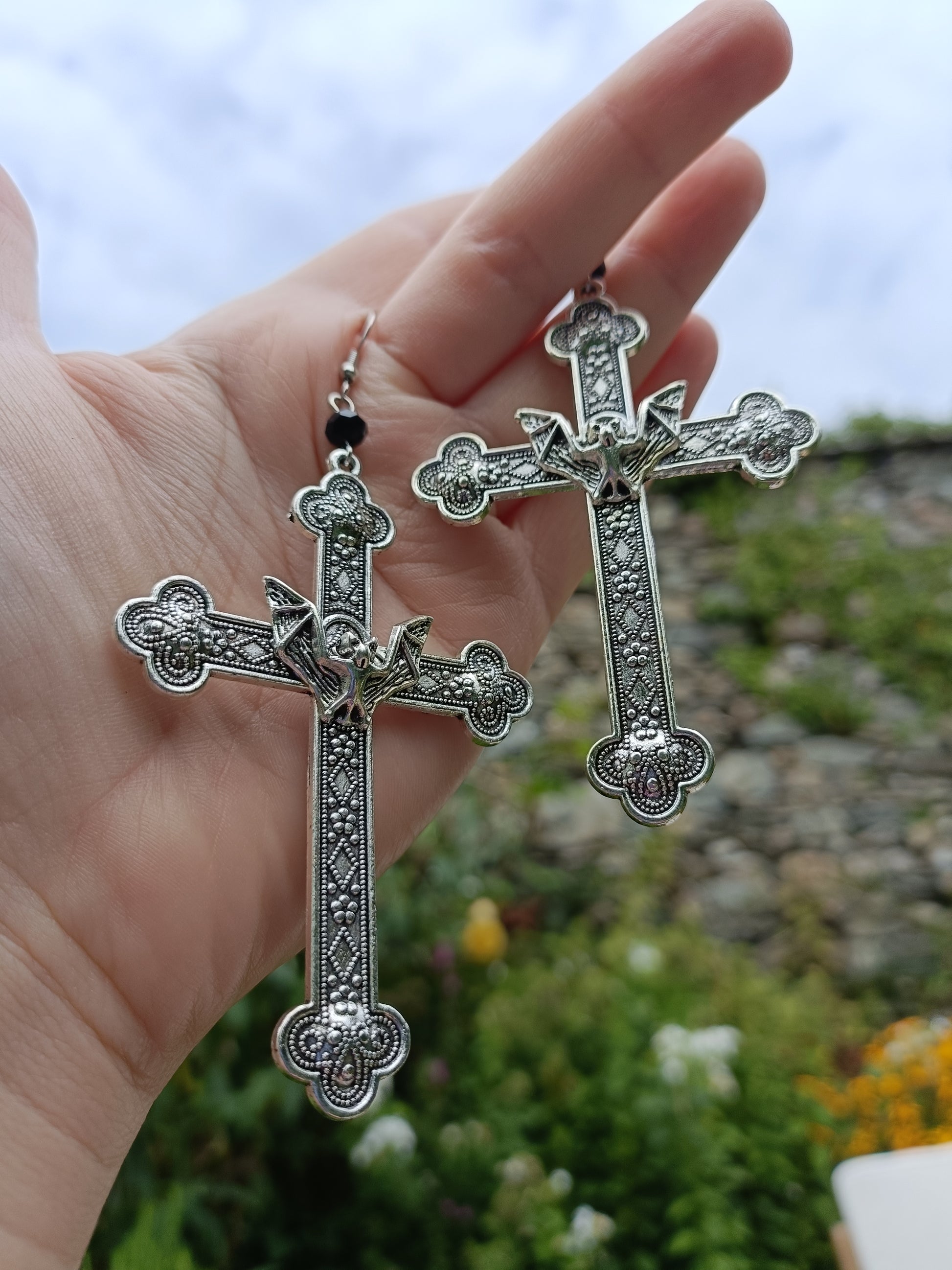 Gothic Cross Earrings with Bat