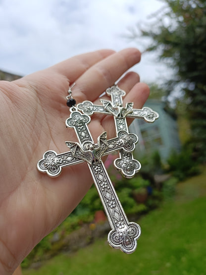 Gothic Cross Earrings with Bat