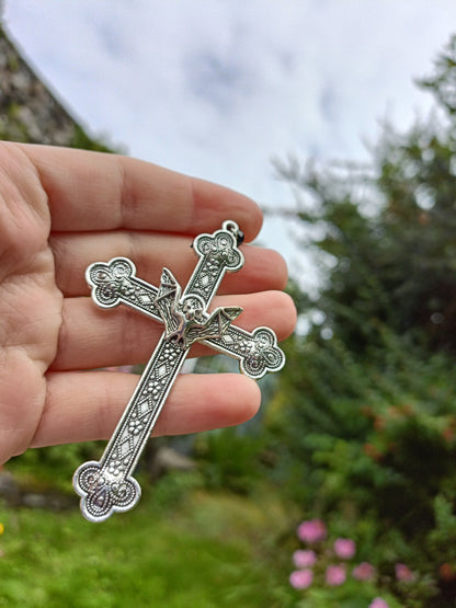 Gothic Cross Earrings with Bat