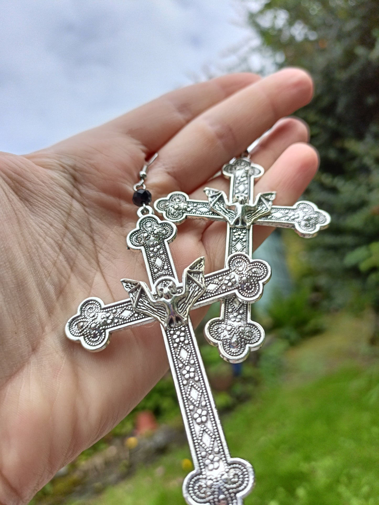 Gothic Cross Earrings with Bat