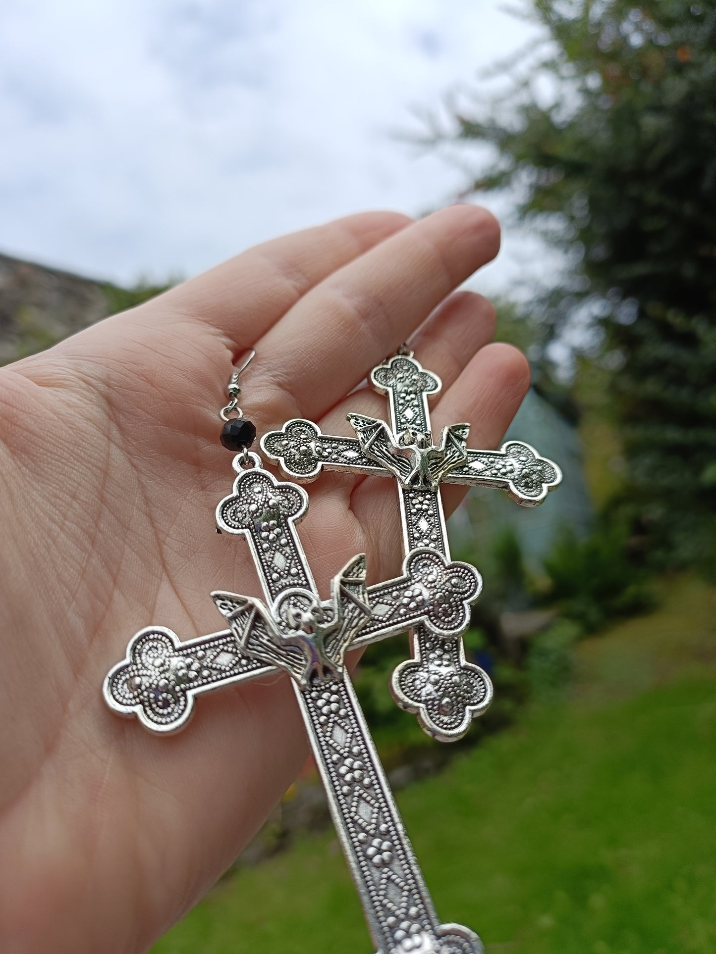 Gothic Cross Earrings with Bat