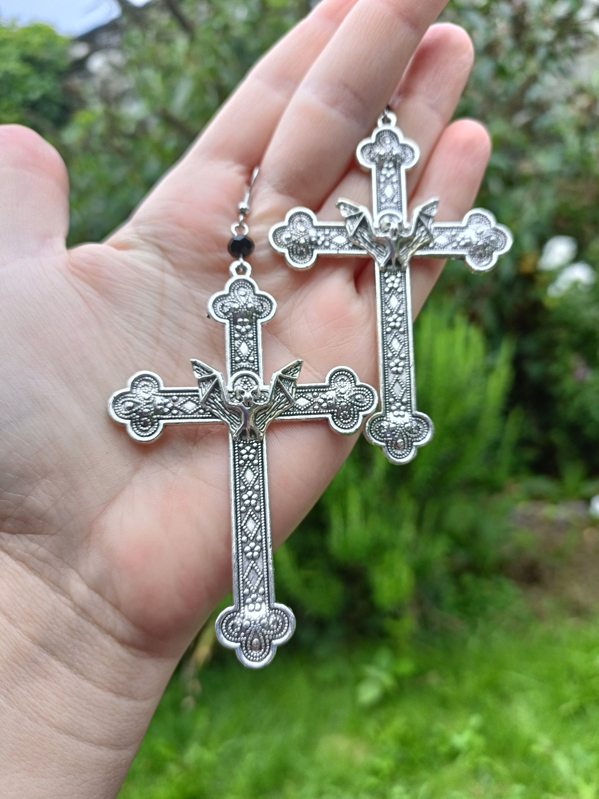 Gothic Cross Earrings with Bat