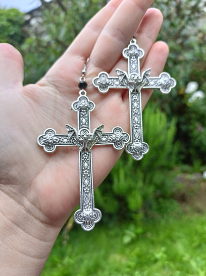 Gothic Cross Earrings with Bat
