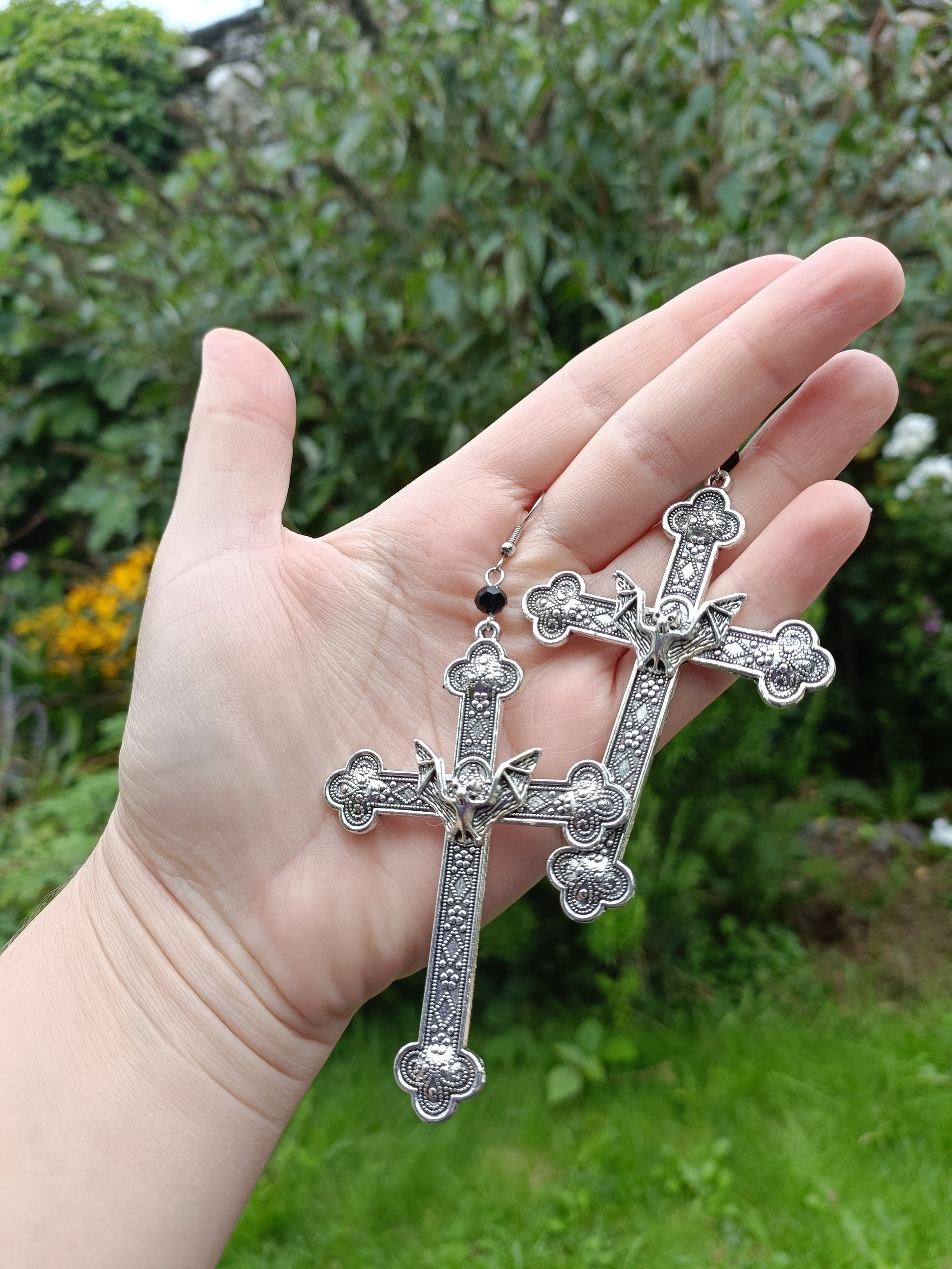 Gothic Cross Earrings with Bat