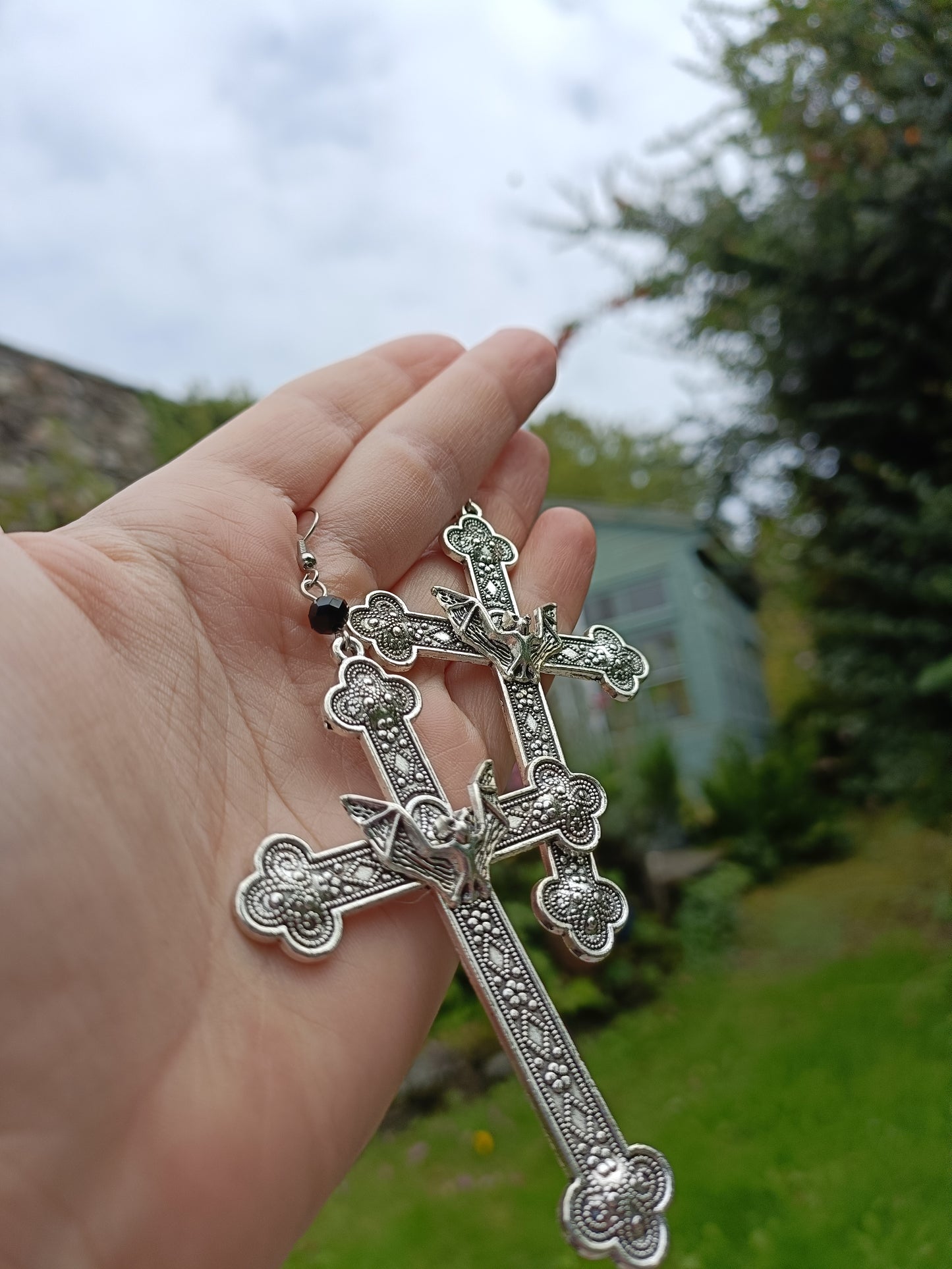 Gothic Cross Earrings with Bat