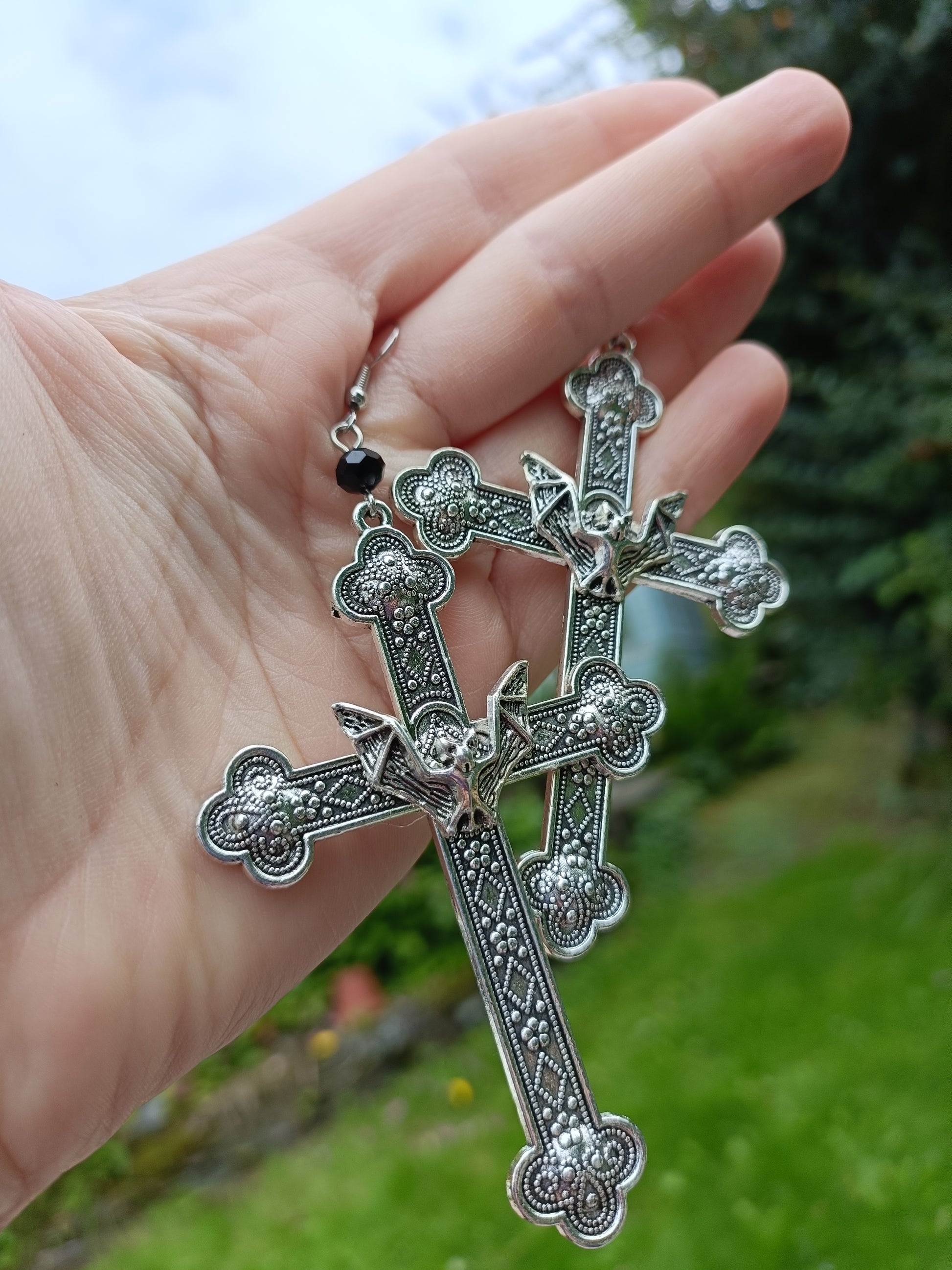 Gothic Cross Earrings with Bat