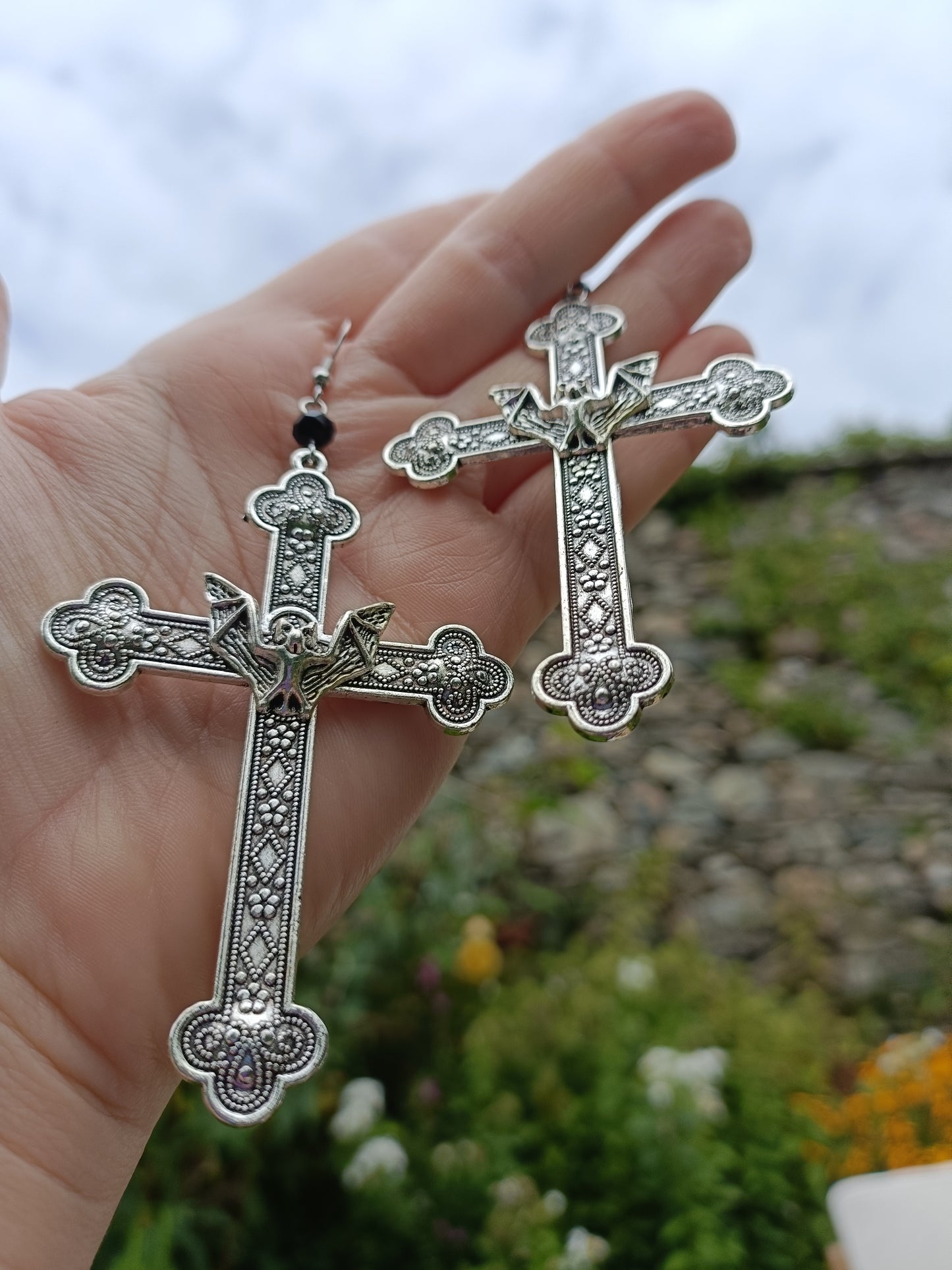 Gothic Cross Earrings with Bat