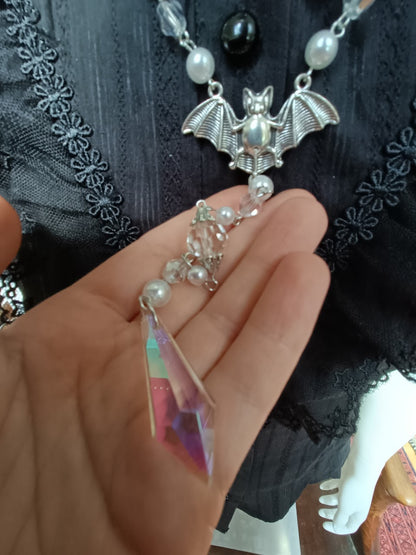 White Goth Necklace, Vampire Necklace, Bat Pendant, Cosmic Retro Gothic