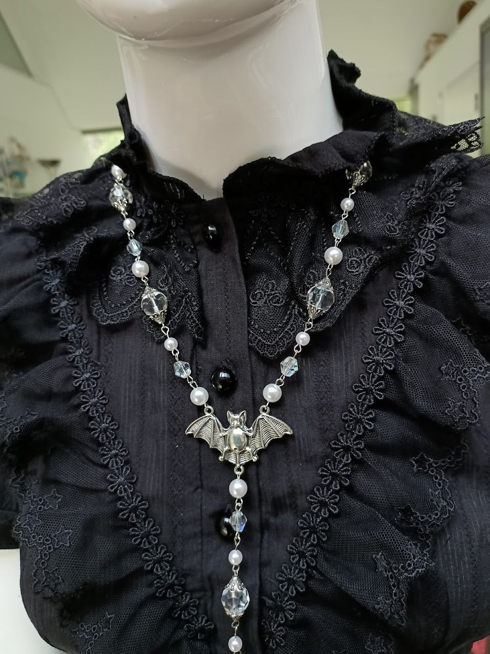 White Goth Necklace, Vampire Necklace, Bat Pendant, Cosmic Retro Gothic