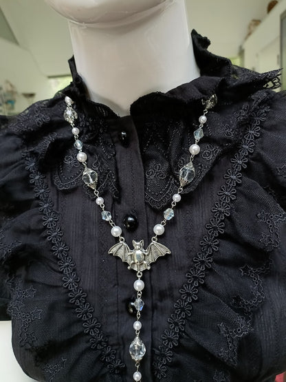 White Goth Necklace, Vampire Necklace, Bat Pendant, Cosmic Retro Gothic