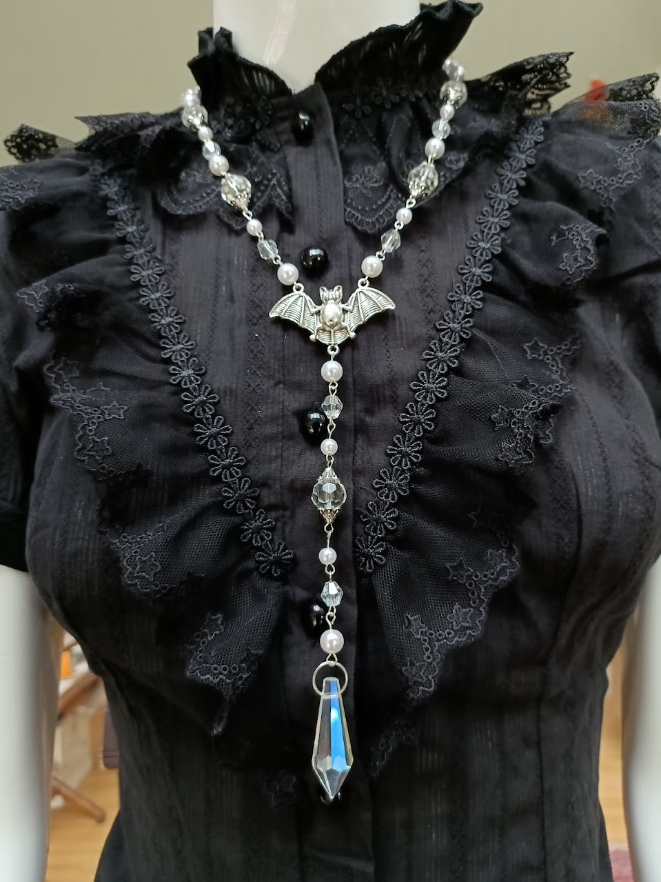 White Goth Necklace, Vampire Necklace, Bat Pendant, Cosmic Retro Gothic
