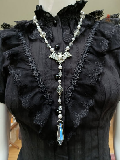 White Goth Necklace, Vampire Necklace, Bat Pendant, Cosmic Retro Gothic