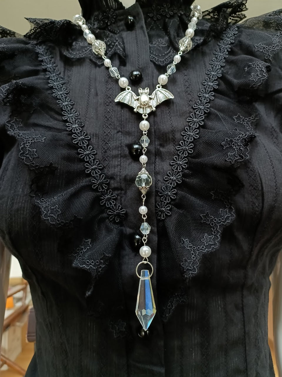 White Goth Necklace, Vampire Necklace, Bat Pendant, Cosmic Retro Gothic