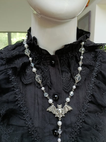 White Goth Necklace, Vampire Necklace, Bat Pendant, Cosmic Retro Gothic