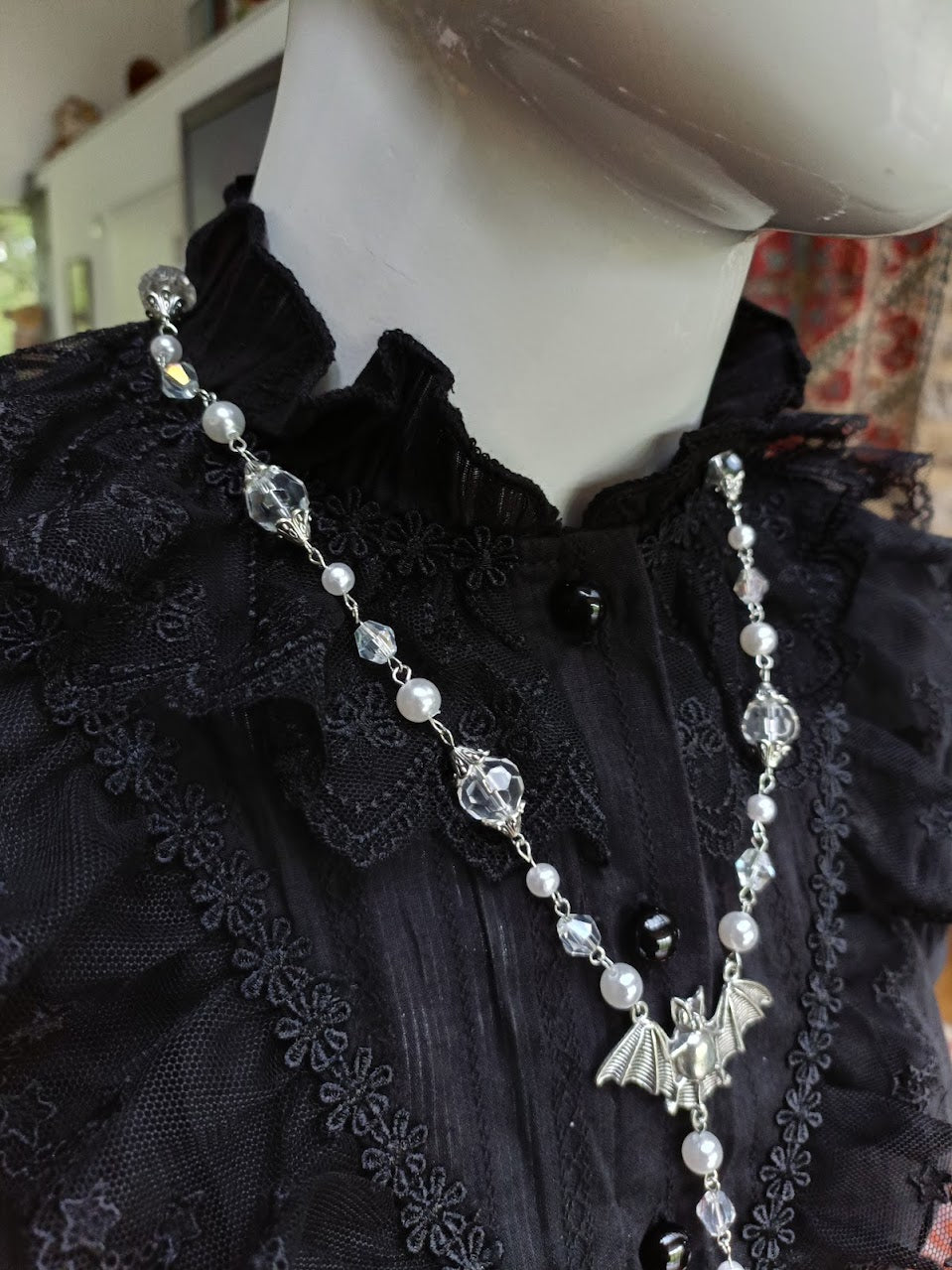 White Goth Necklace, Vampire Necklace, Bat Pendant, Cosmic Retro Gothic